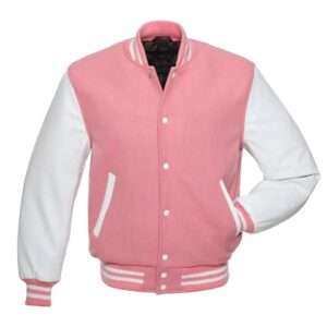 Women's Pink Varsity Lettermen Baseball Jacket With White Leather Sleeves