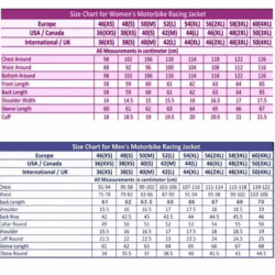 motorcycle jackets size chart