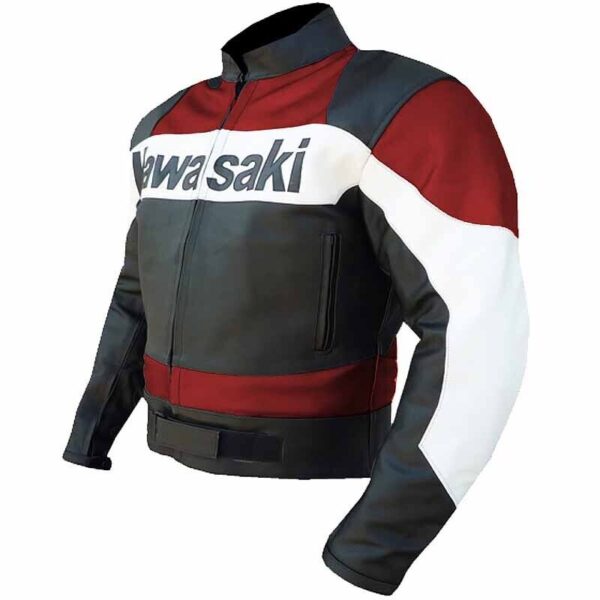 Men Red Kawasaki Motorcycle Cowhide Leather Jacket - Image 2