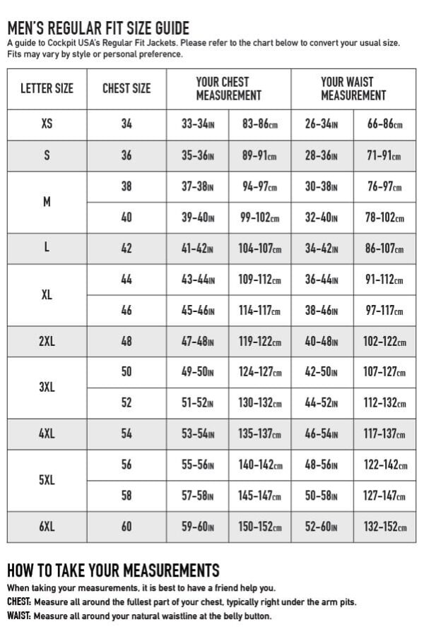 Sheepskin Shealing Jacket Size Chart