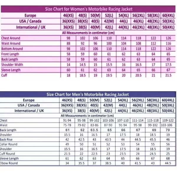 Leather Motorcycle Size Chart