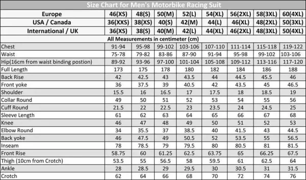 Motorcycle Suit Size Chart