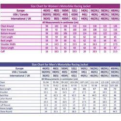 Motorcycle Leather Jacket Size Chart