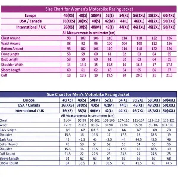 Motorcycle Leather Jacket Size Chart