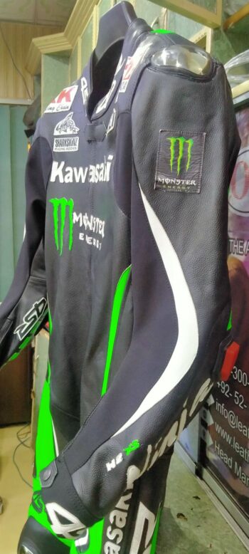 Kawasaki 4SR Black and Green One-Piece Leather Racing Suit - Image 2