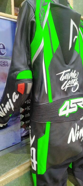 Kawasaki 4SR Black and Green One-Piece Leather Racing Suit - Image 3
