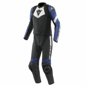 AVRO 4 Men’s 2-Piece Motorcycle Leather Suit – Black/White/Blue
