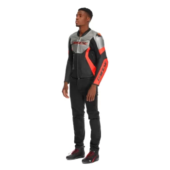 Dainese Racing 5 Leather Motorcycle Jacket – CE Armor (Silver/Black/Red) - Image 4