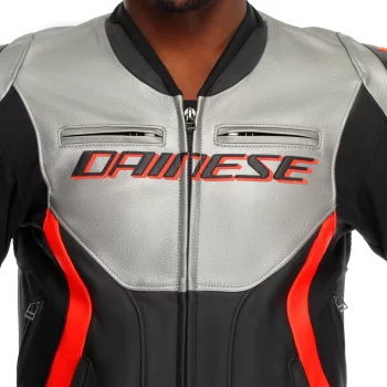 Dainese Racing 5 Leather Motorcycle Jacket – CE Armor (Silver/Black/Red) - Image 11