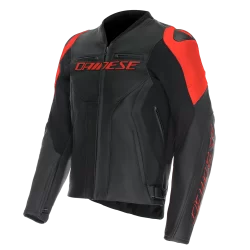 Dainese Racing 5 Leather Motorcycle Jacket – CE Level 2 Armor, Black/Red-Fluo