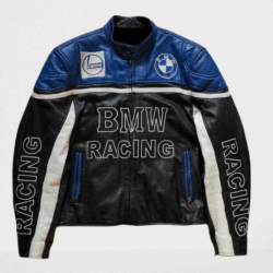 Vintage Black and Blue BMW Motorcycle Racing Leather Jacket – Classic Style & Protection