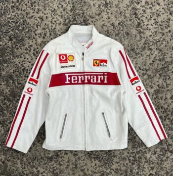 White Ferrari Racing Leather Jacket – Vintage F1 Style - Image 5