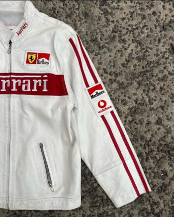 White Ferrari Racing Leather Jacket – Vintage F1 Style - Image 4