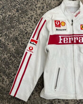 White Ferrari Racing Leather Jacket – Vintage F1 Style - Image 3