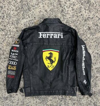 Black Ferrari Racing Leather Jacket – Vintage F1 Style - Image 4