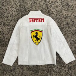 White Ferrari Racing Leather Jacket – Vintage F1 Style