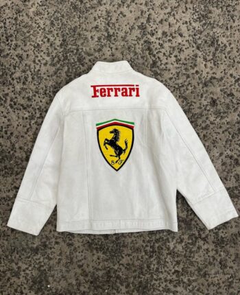 White Ferrari Racing Leather Jacket – Vintage F1 Style