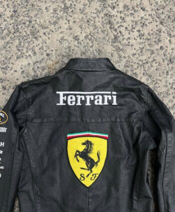 Black Ferrari Racing Leather Jacket – Vintage F1 Style - Image 3