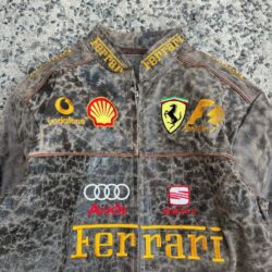 Brown Animal Print Ferrari Racing Leather Jacket – Bold F1 Street Style