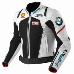 BMW White Black Motorcycle Racing Leather Jacket – Sleek & Protective Gear