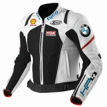 BMW White Black Motorcycle Racing Leather Jacket – Sleek & Protective Gear
