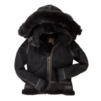 All Black B-3 Hooded Sheepskin Bomber Jacket Z203615B – Luxurious Warmth & Style - Image 3