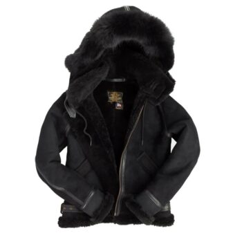 All Black B-3 Hooded Sheepskin Bomber Jacket Z203615B – Luxurious Warmth & Style - Image 2