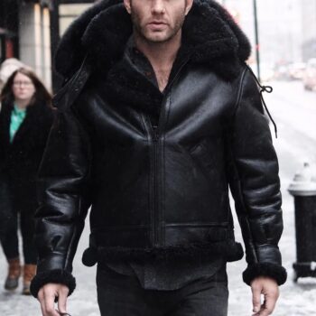 All Black B-3 Hooded Sheepskin Bomber Jacket Z203615B – Luxurious Warmth & Style