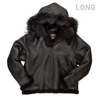 All Black B-3 Hooded Sheepskin Bomber Jacket Long Z203615BL – Extended Warmth & Classic Style - Image 4