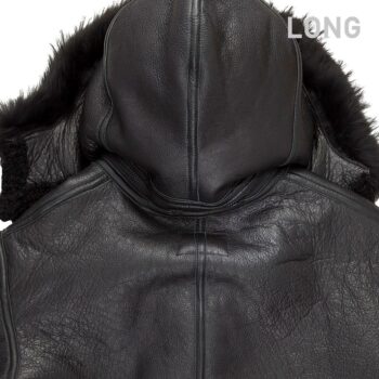 All Black B-3 Hooded Sheepskin Bomber Jacket Long Z203615BL – Extended Warmth & Classic Style - Image 3