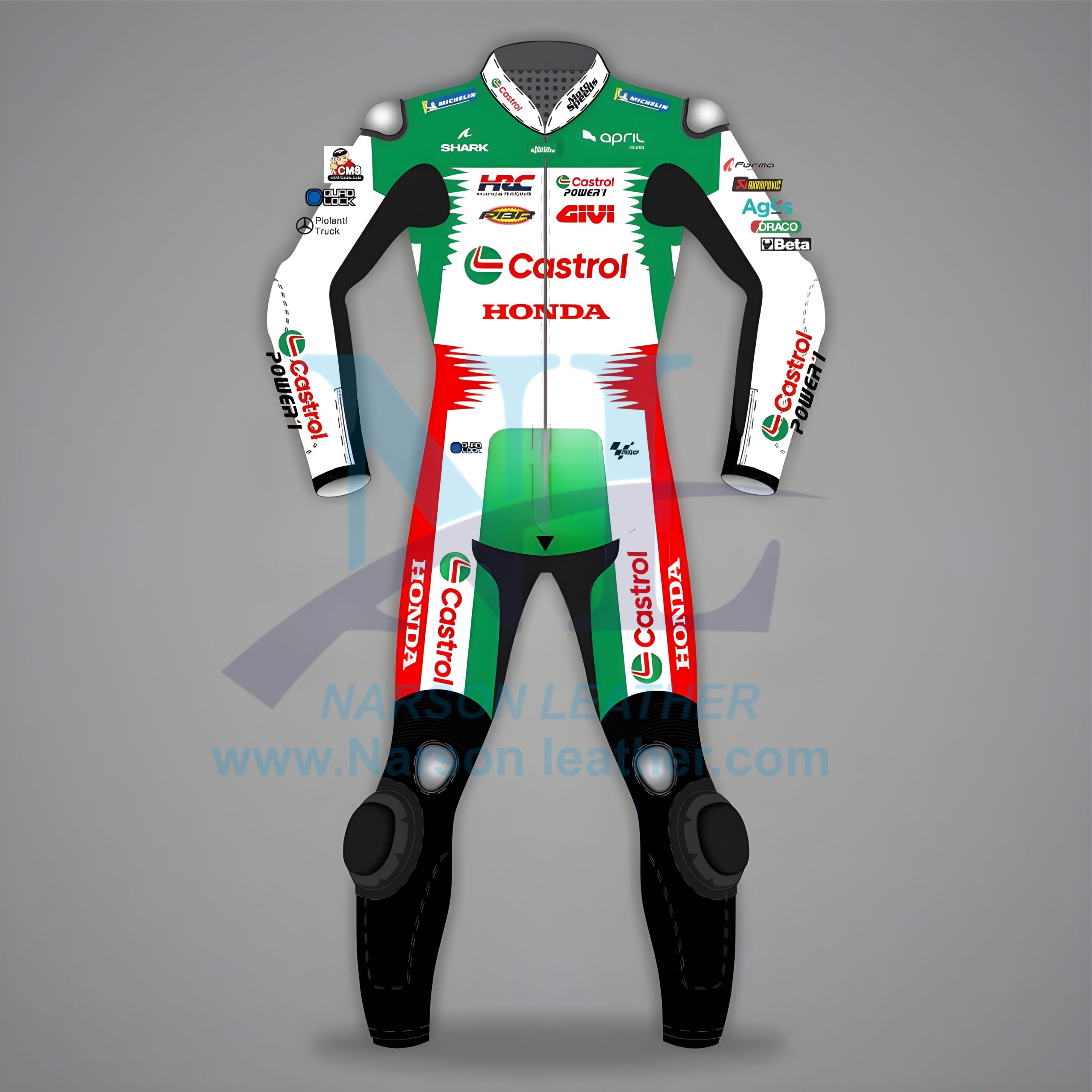 Honda Castrol MotoGP Leather Racing Suit - Green, Red & White