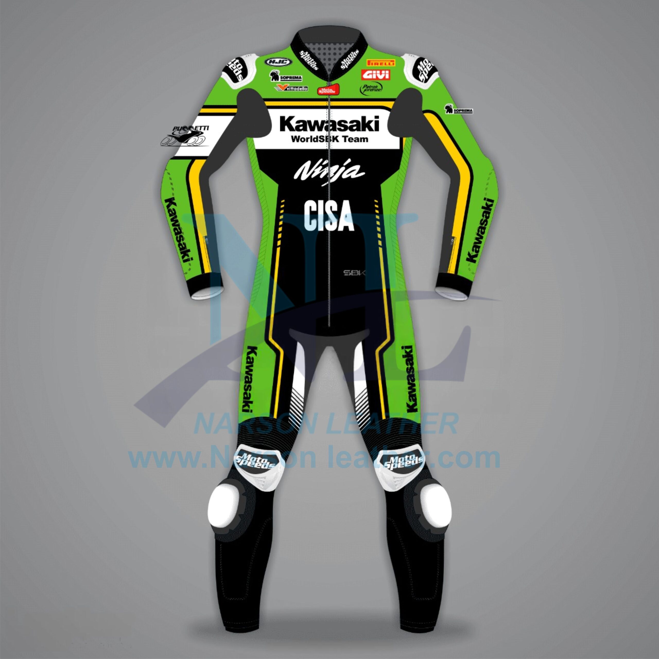 Kawasaki WorldSBK Ninja Leather Racing Suit - Green, Black & White