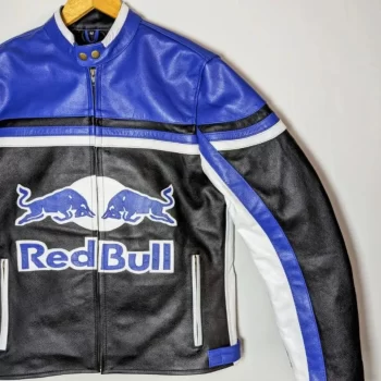 Men’s Café Racer Black & Blue Bull Racing Leather Motorcycle Jacket - Image 2