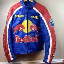 Vintage Retro Red Bull Racing Leather Biker Jacket
