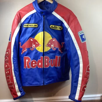 Vintage Retro Red Bull Racing Leather Biker Jacket