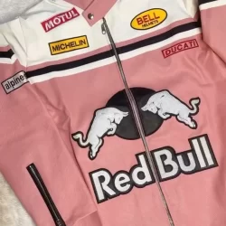 Red Bull Vintage Racing Leather Jacket – Formula One Style, Pink & White