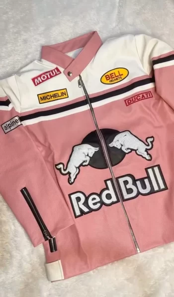 Red Bull Vintage Racing Leather Jacket – Formula One Style, Pink & White