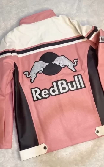Red Bull Vintage Racing Leather Jacket – Formula One Style, Pink & White - Image 2