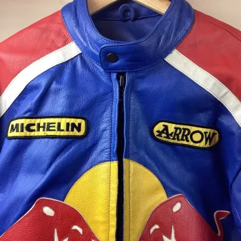Vintage Retro Red Bull Racing Leather Biker Jacket - Image 3