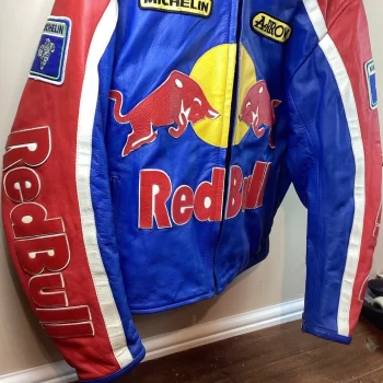 Vintage Retro Red Bull Racing Leather Biker Jacket - Image 2