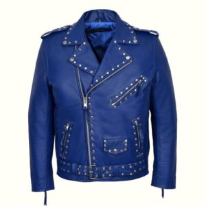 Blue Studded Motorcycle Leather Jacket