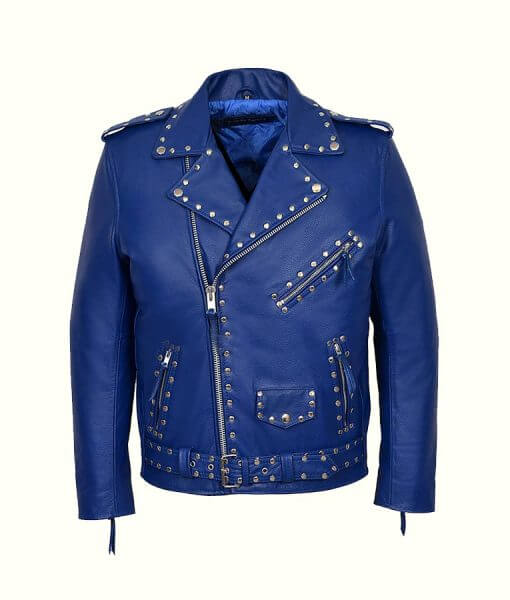 Blue Studded Motorcycle Leather Jacket
