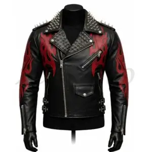Men's Flame Studded Leather Biker Jacket