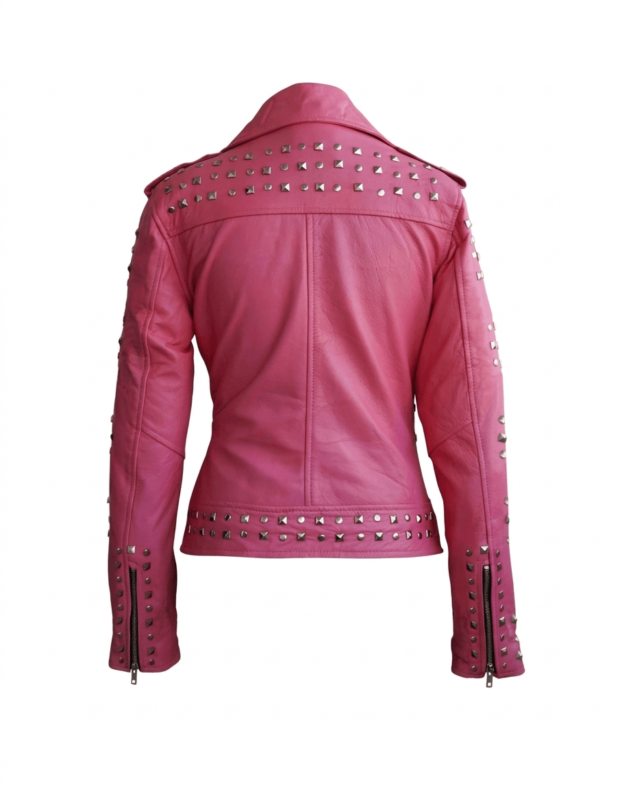 hot pink studded leather jacket Back View