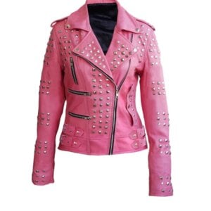 hot pink studded leather jacket Front View