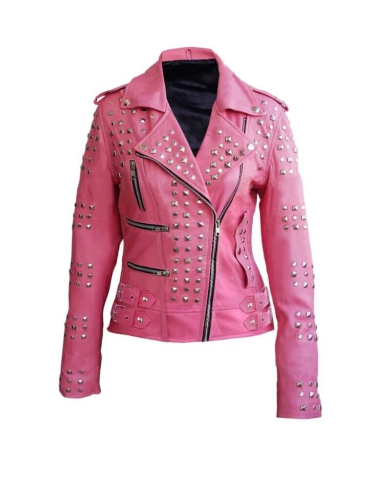 hot pink studded leather jacket Front View
