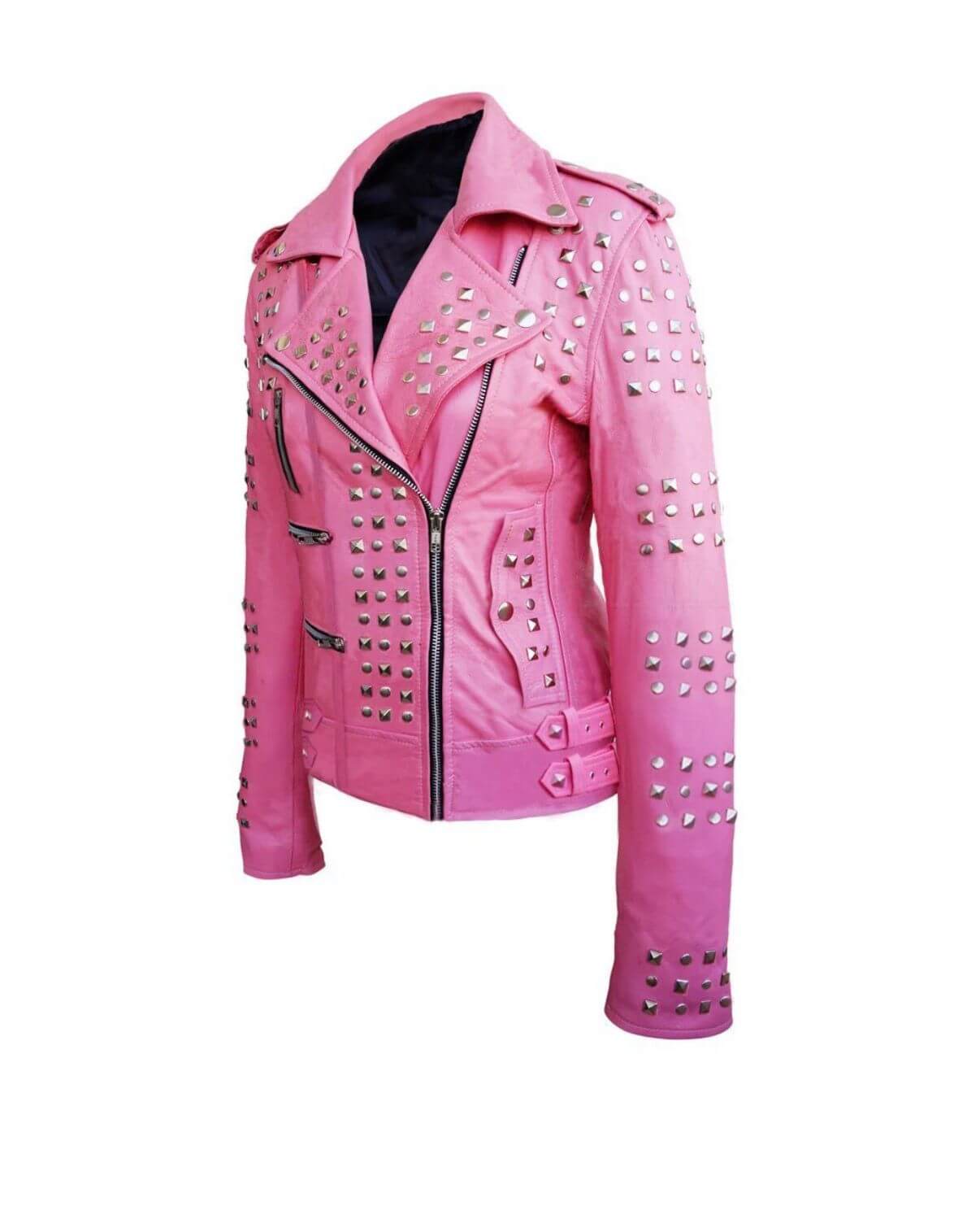 hot pink studded leather jacket side view