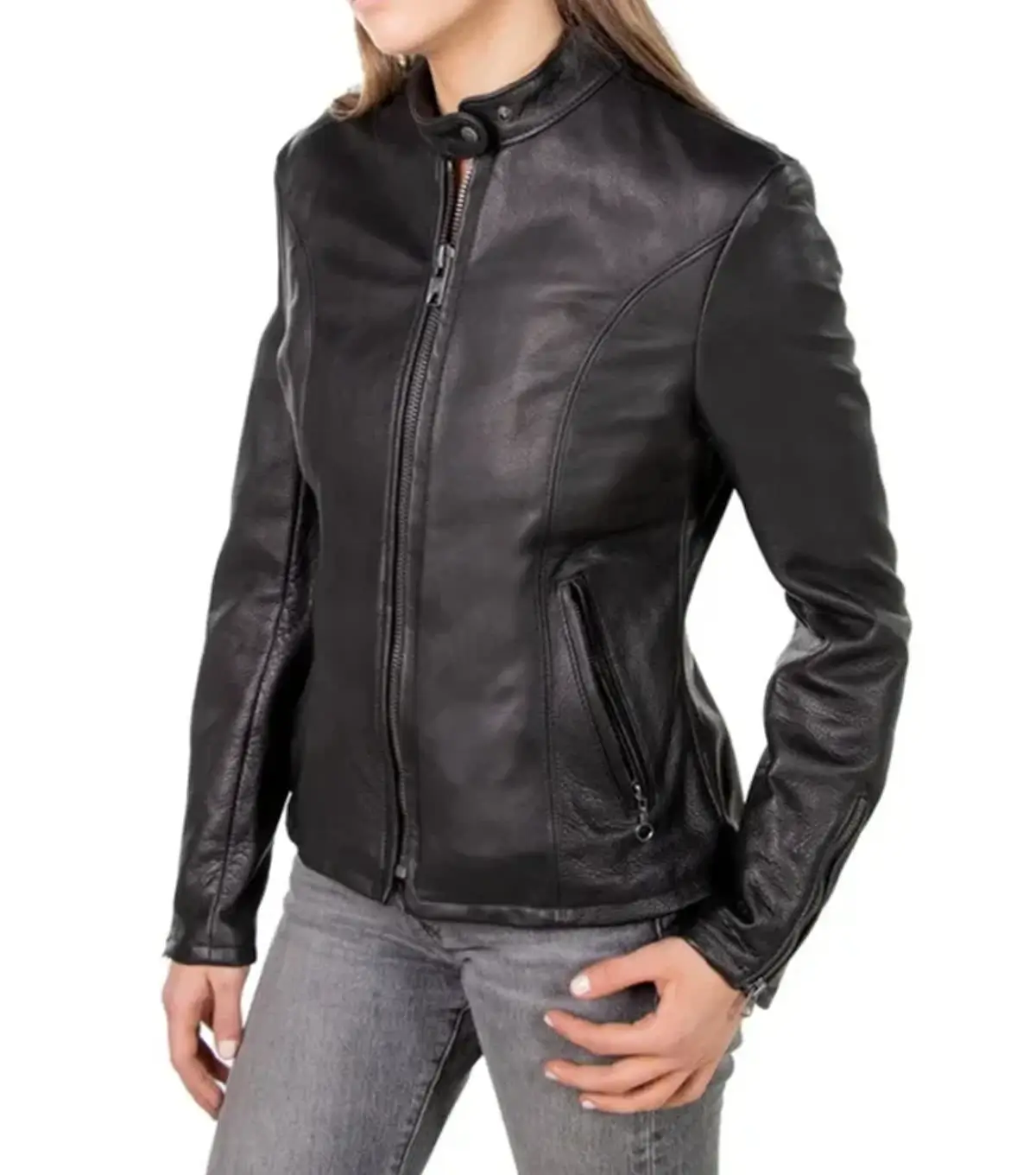 Black Cafe Racer Leather Jacket Women Side View