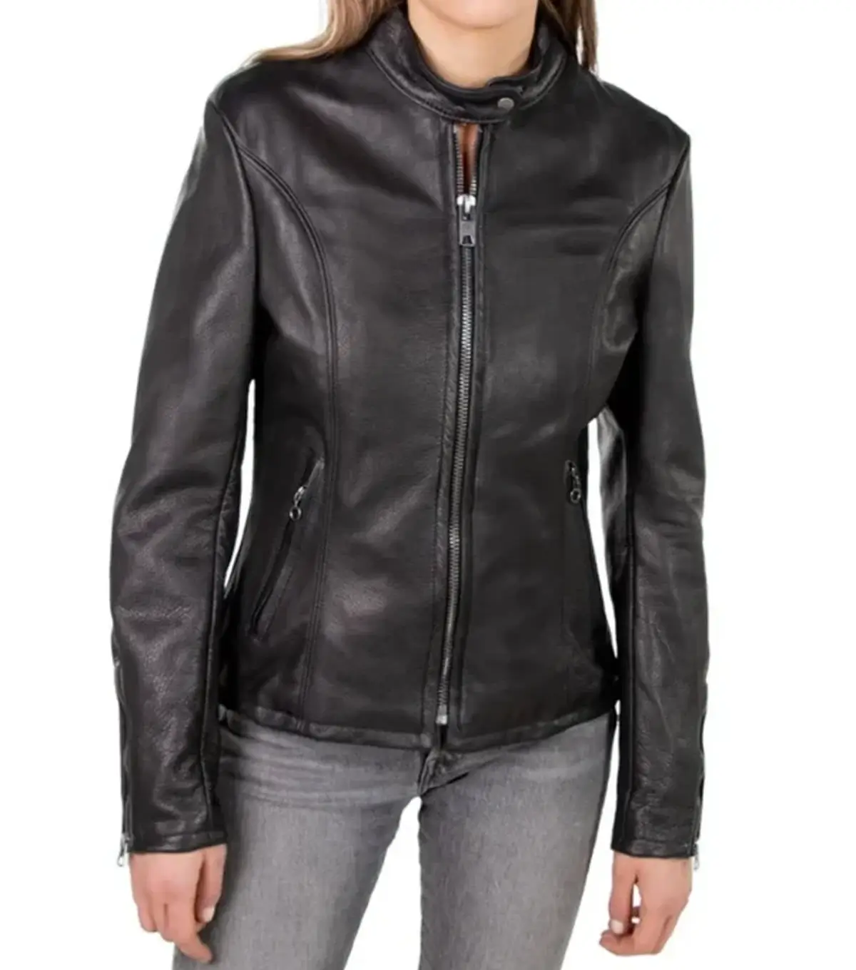 Black Cafe Racer Leather Jacket Women