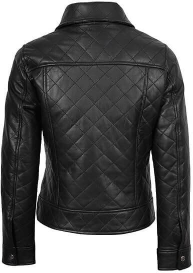 Casual Quilted Leather Jacket Women Back Side View